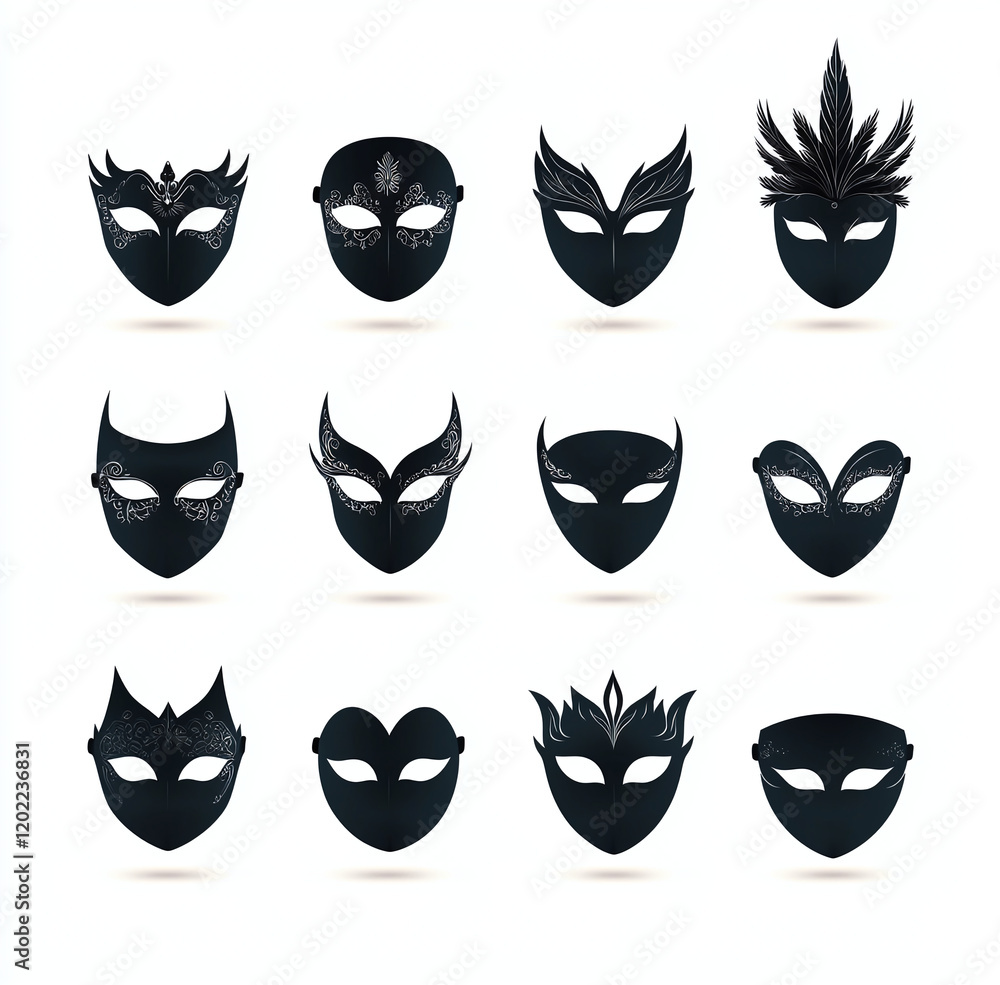 Silhouettes of various masquerade masks in black, showcasing intricate designs and s. Perfect for festive occasions and celebrations Silhouettes of various masquerade masks in black, showcasing intricate designs and s. Perfect for festive occasions and celebrations