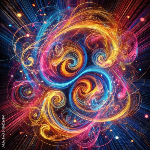 Bright neon light trails captured in long exposure, creating abstract swirling patterns of vivid colors against a dark background.