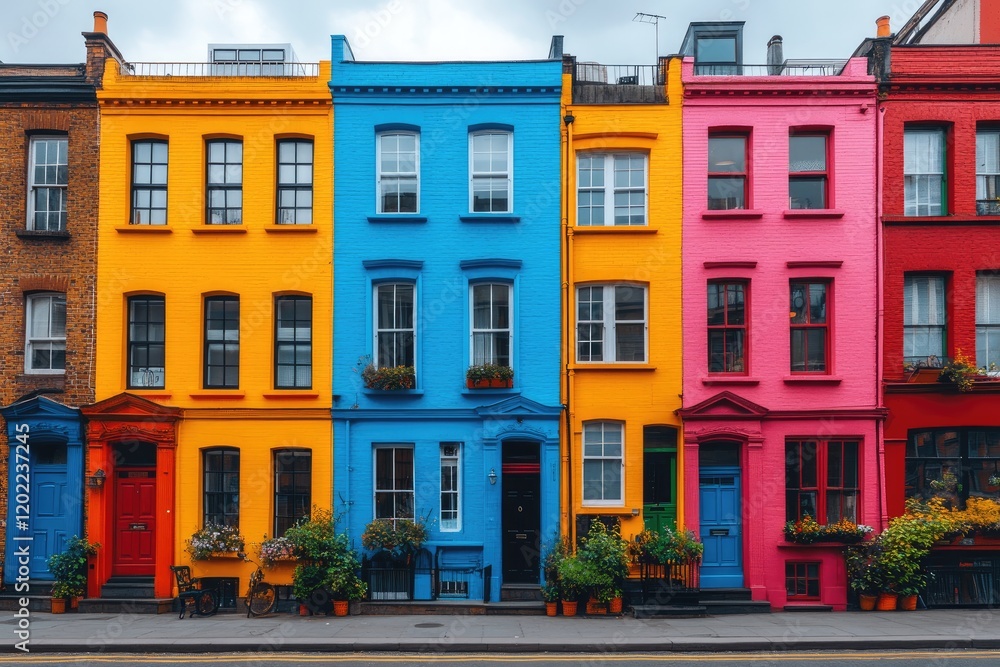 Colorful terraced houses line a city street Colorful terraced houses line a city street