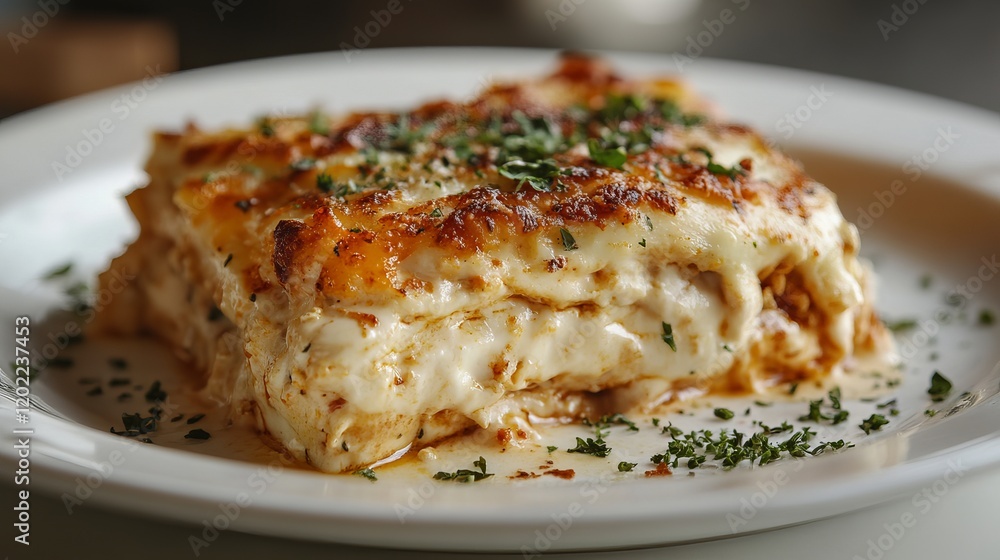 Delicious Lasagna Slice on White Plate Delicious Lasagna Slice on White Plate