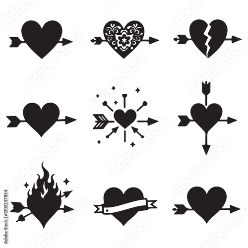 Heart Symbol Icon Vector Illustration Set Red heart pierced by Cupids arrow neon sign Heart pierced by Cupid's arrow
 
 