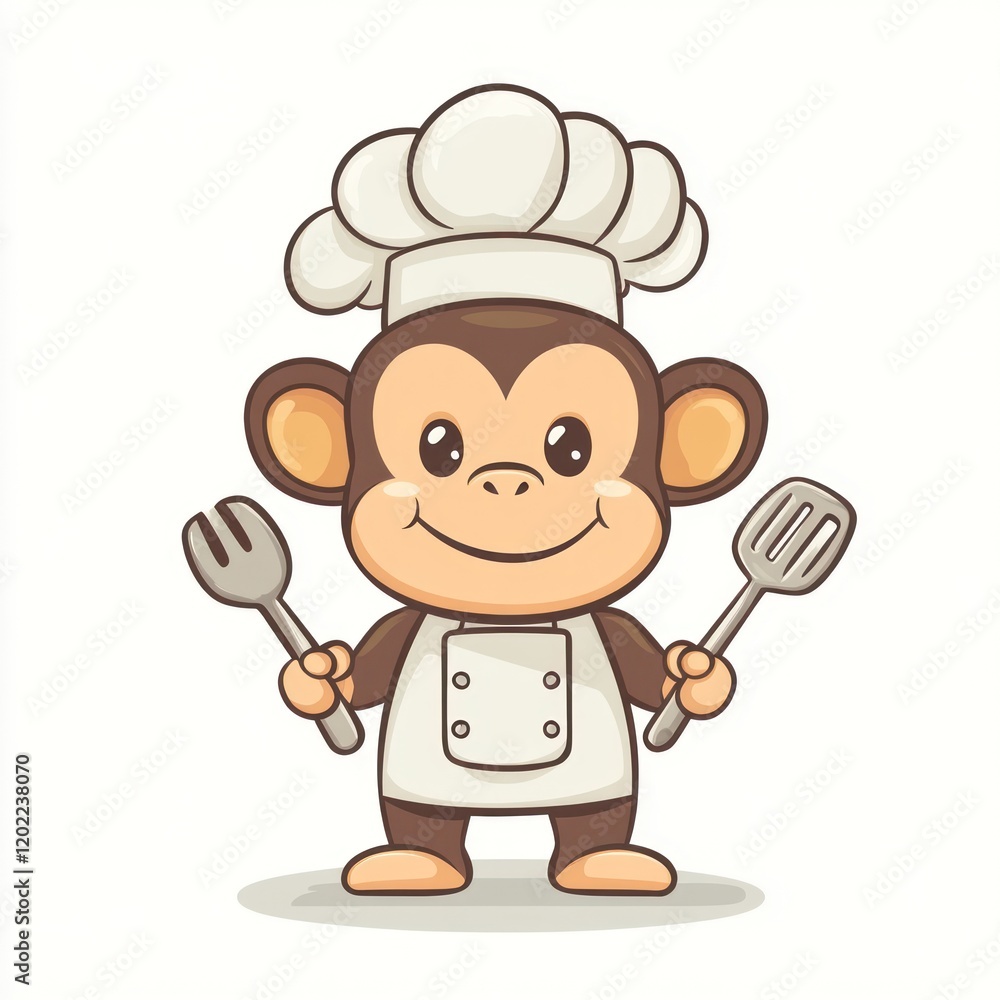 Chef monkey cooking, kitchen tools, white background, food illustration Chef monkey cooking, kitchen tools, white background, food illustration