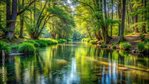 A tranquil river flowing through a peaceful forest, surrounded by tall trees and aquatic plants, nature photography, tree line, river flow, waterway, outdoor scene