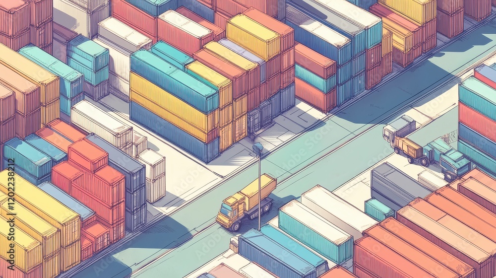 Fototapeta premium Logistics management flat design top view supply chain operations cartoon drawing colored pastel 
