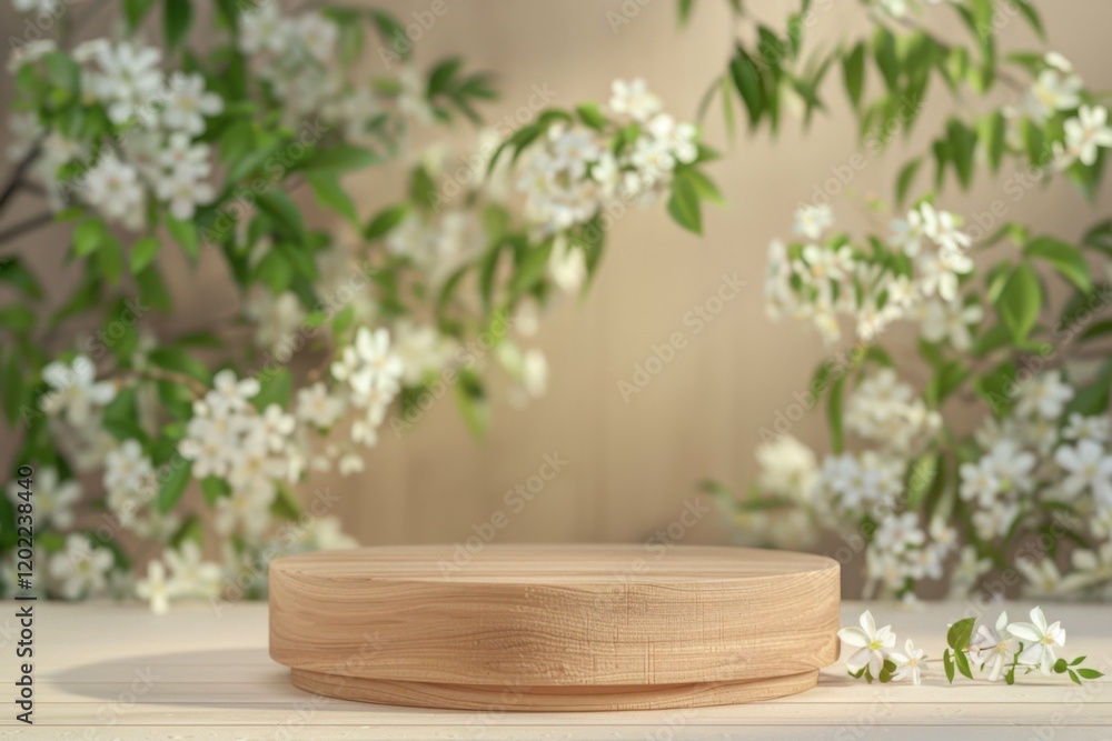 Fototapeta premium Elegant Wooden Round Display Surface with Fresh White Flowers