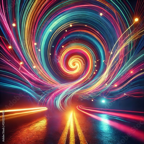 Bright neon light trails captured in long exposure, creating abstract swirling patterns of vivid colors against a dark background. photo