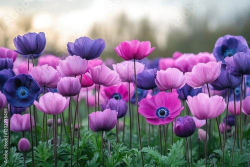 Delicate Purple and Pink Anemone Flowers in Bloom photo