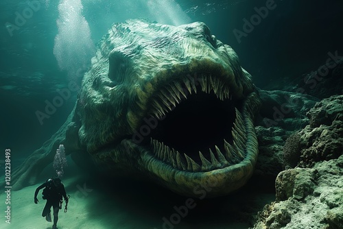 Sea monster open its mouth with teeth, fantasy underwater creature	
 photo