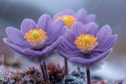 Delicate Purple Pasque Flowers Frost Covered Petals photo