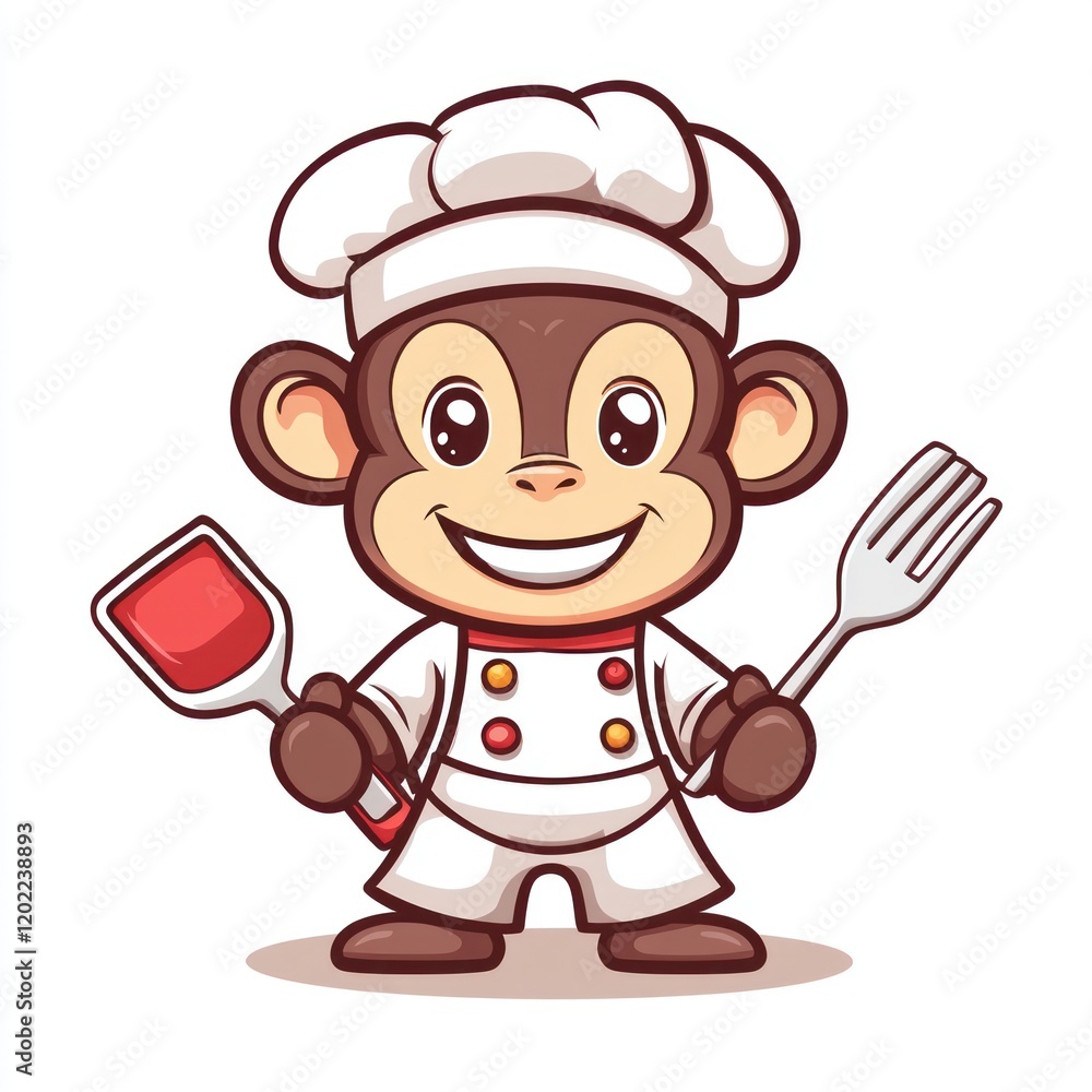 Smiling monkey chef cooking, holding spatula and fork. Restaurant mascot, menu design Smiling monkey chef cooking, holding spatula and fork. Restaurant mascot, menu design