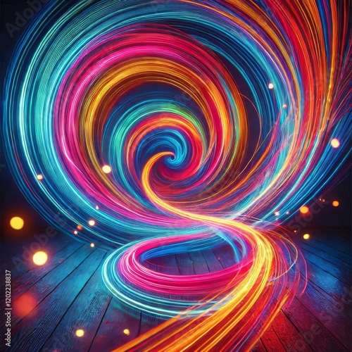 Bright neon light trails captured in long exposure, creating abstract swirling patterns of vivid colors against a dark background. photo