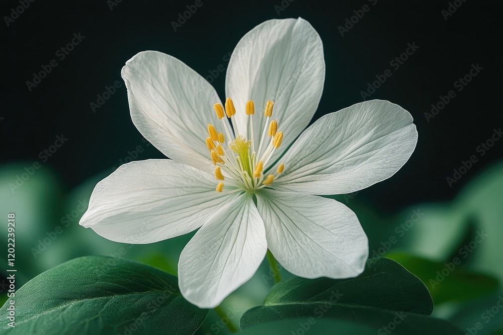 Fototapeta premium Delicate White Flower with Yellow Stamens on Green Leaves