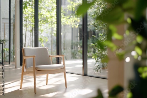 Modern armchair in sunlit room  garden view