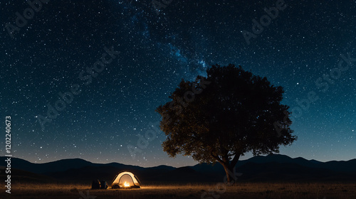Camping under a starry sky in a tranquil landscape during a clear night in the mountains