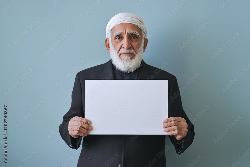 Elderly Man Holding Blank Sign Wearing Traditional Headwear Elderly Man Holding Blank Sign Wearing Traditional Headwear