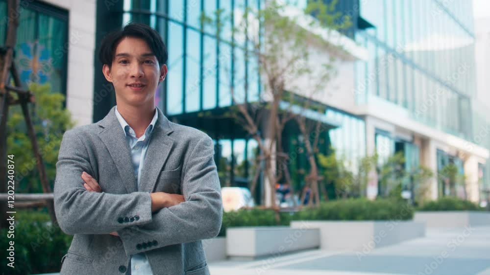 Portrait of successful Asian businessman arms crossed standing in modern office building. Confident cheerful Asian man posing and, looking at camera with a smiling face standing in city street. Portrait of successful Asian businessman arms crossed standing in modern office building. Confident cheerful Asian man posing and, looking at camera with a smiling face standing in city street.