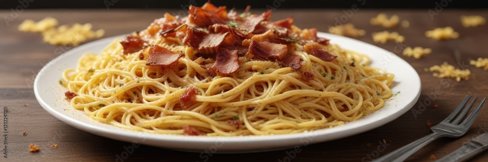 A vibrant, appetizing plate of steaming hot spaghetti topped with a generous sprinkling of golden-brown, crispy bacon bits and a sprinkle of grated parmesan cheese, pasta, comfort food A vibrant, appetizing plate of steaming hot spaghetti topped with a generous sprinkling of golden-brown, crispy bacon bits and a sprinkle of grated parmesan cheese, pasta, comfort food