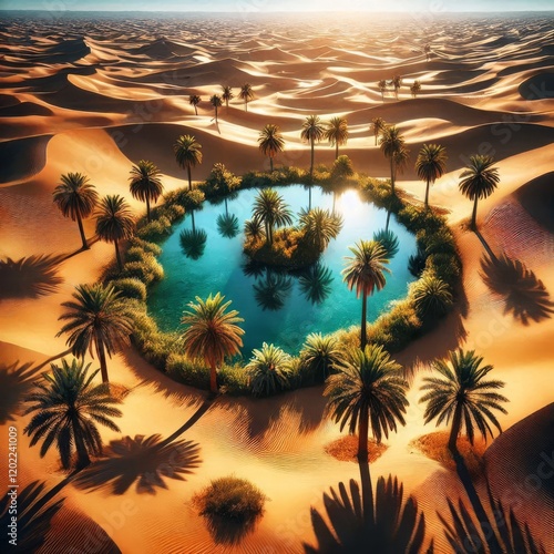 A lush oasis with a shimmering pool of water surrounded by palm trees in the heart of a vast, golden desert under a clear blue sky. photo