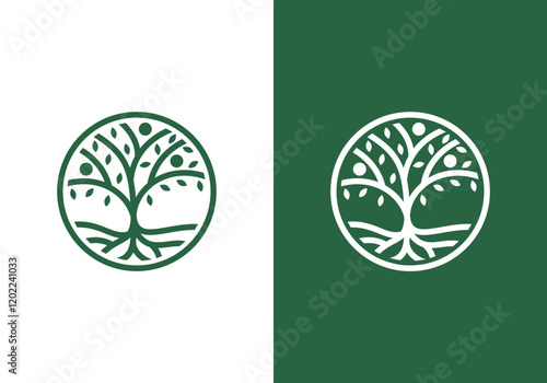 nature logo vector design template line art tree and human or person inside circle, abstract tree logo symbol inside circle	
