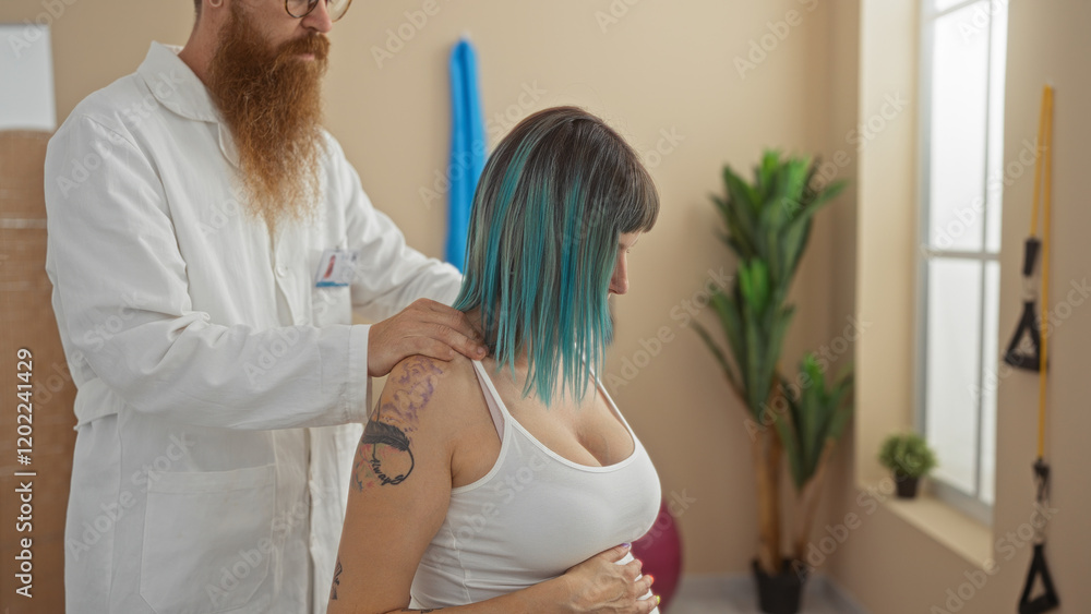 Fototapeta premium Woman receiving chiropractic treatment from therapist in gym center with plants and gym equipment in the background