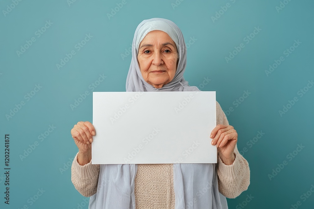 Elderly Woman In Headscarf Holding Blank Sign Elderly Woman In Headscarf Holding Blank Sign