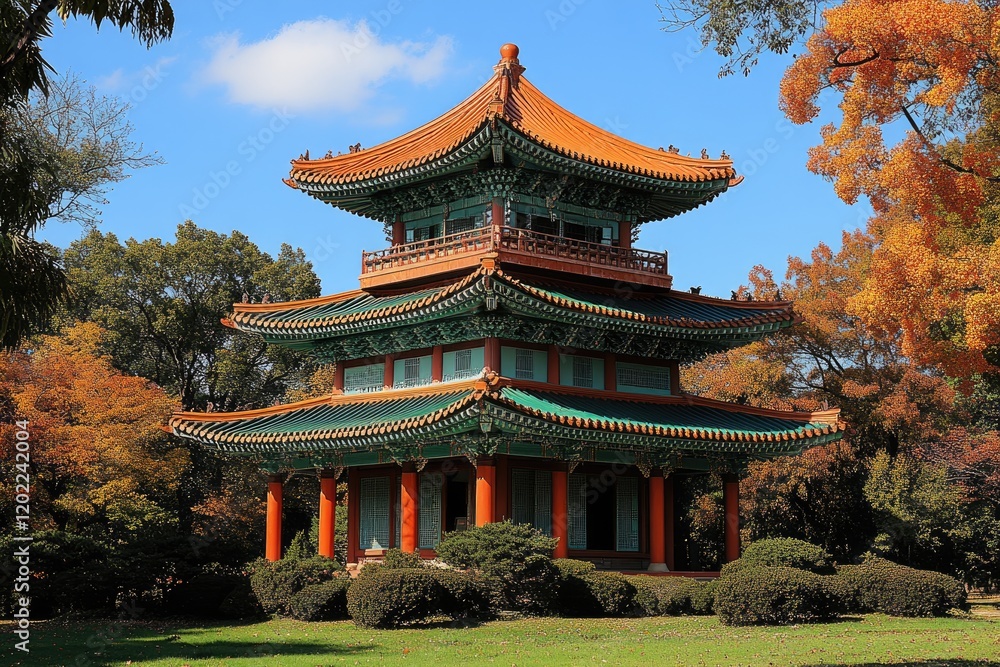 Elegant Asian Pagoda Autumn Landscape Setting Elegant Asian Pagoda Autumn Landscape Setting