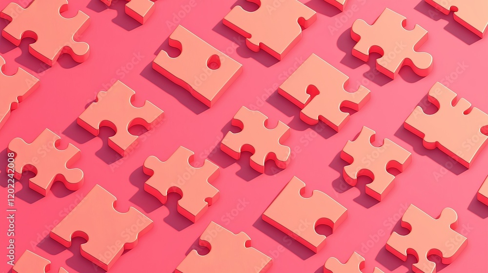 3D Jigsaw Puzzle Pieces on Pink Background, Representing Problem-Solving and Business Concept, Strategic Solutions, and Teamwork. 3D Jigsaw Puzzle Pieces on Pink Background, Representing Problem-Solving and Business Concept, Strategic Solutions, and Teamwork.