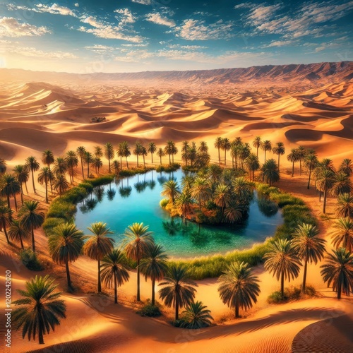 A lush oasis with a shimmering pool of water surrounded by palm trees in the heart of a vast, golden desert under a clear blue sky. photo