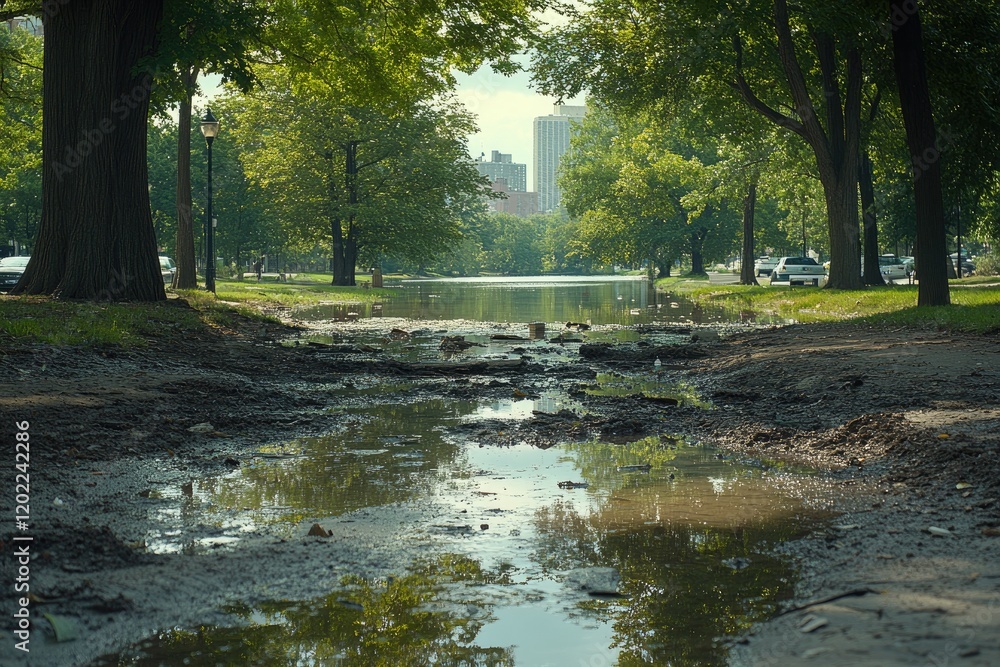 Flooded Park Path Reflecting Cityscape Trees Flooded Park Path Reflecting Cityscape Trees