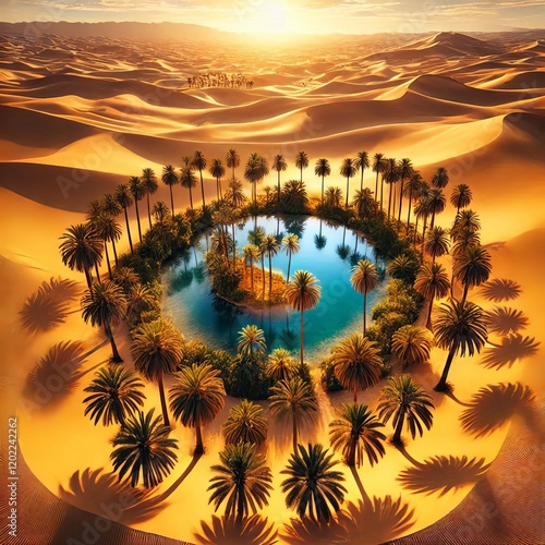 A lush oasis with a shimmering pool of water surrounded by palm trees in the heart of a vast, golden desert under a clear blue sky photo