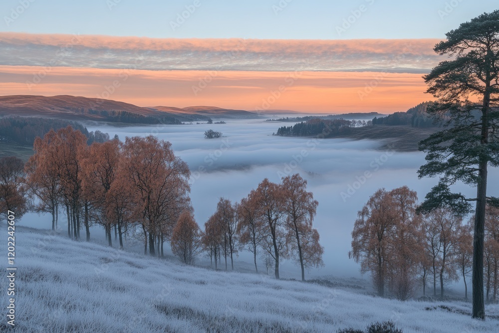 Frosty Valley Sunrise Mist Autumnal Trees Landscape Frosty Valley Sunrise Mist Autumnal Trees Landscape