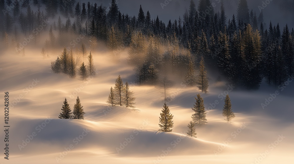 Fototapeta premium Morning light in a snowy field among dark evergreens