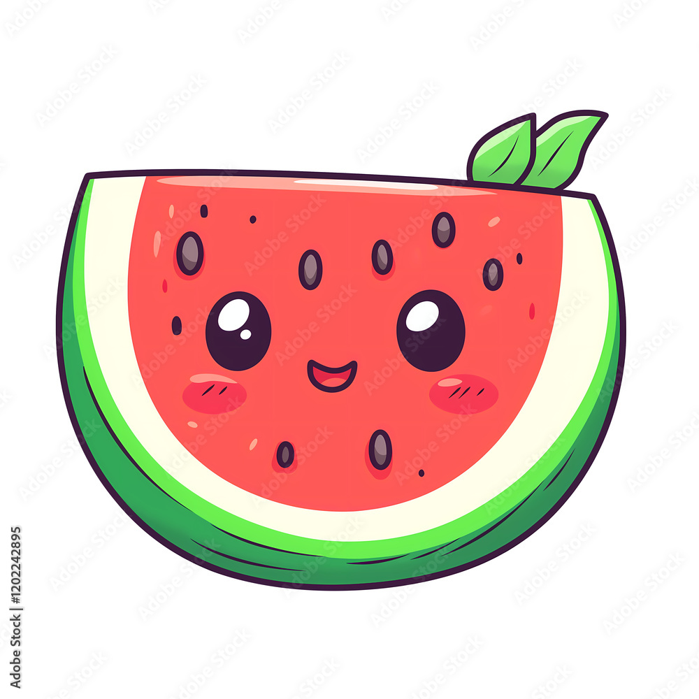 Kawaii Smiling Watermelon Slice cartoon character with two green leafs symbolizing happy summer and fresh vibes Kawaii Smiling Watermelon Slice cartoon character with two green leafs symbolizing happy summer and fresh vibes