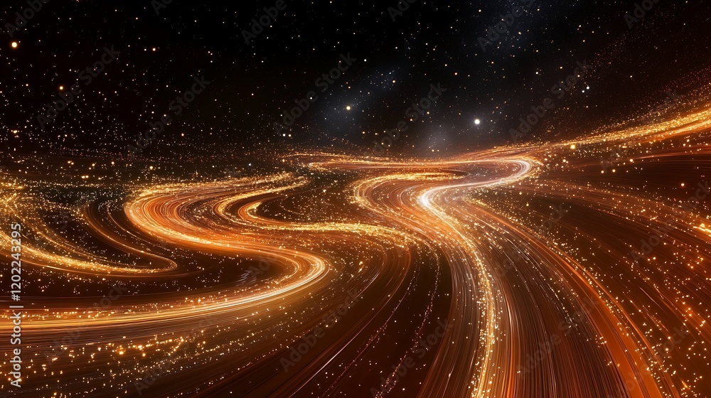 Sparkling light trails tracing a path through the vast expanse of night space surrounded by distant celestial bodies Sparkling light trails tracing a path through the vast expanse of night space surrounded by distant celestial bodies