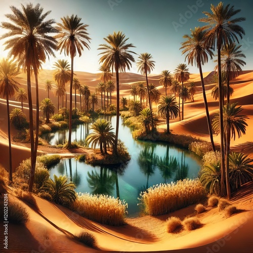 A lush oasis with a shimmering pool of water surrounded by palm trees in the heart of a vast, golden desert under a clear blue sky photo