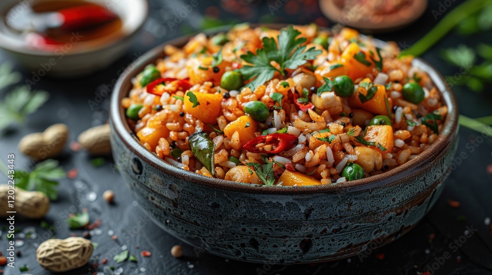 Rice Salad with Chickpeas, Peanuts, and Fresh Herbs in a Bowl Rice Salad with Chickpeas, Peanuts, and Fresh Herbs in a Bowl