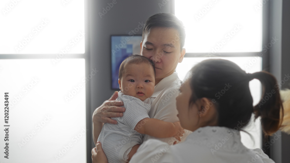 Man holding baby with woman nearby in living room, depicting family love and togetherness in cozy home setting Man holding baby with woman nearby in living room, depicting family love and togetherness in cozy home setting