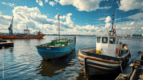 Fishing boats docked in harbor under blue sky with clouds, reflecting calm waters. scene captures essence of maritime life and tranquility photo