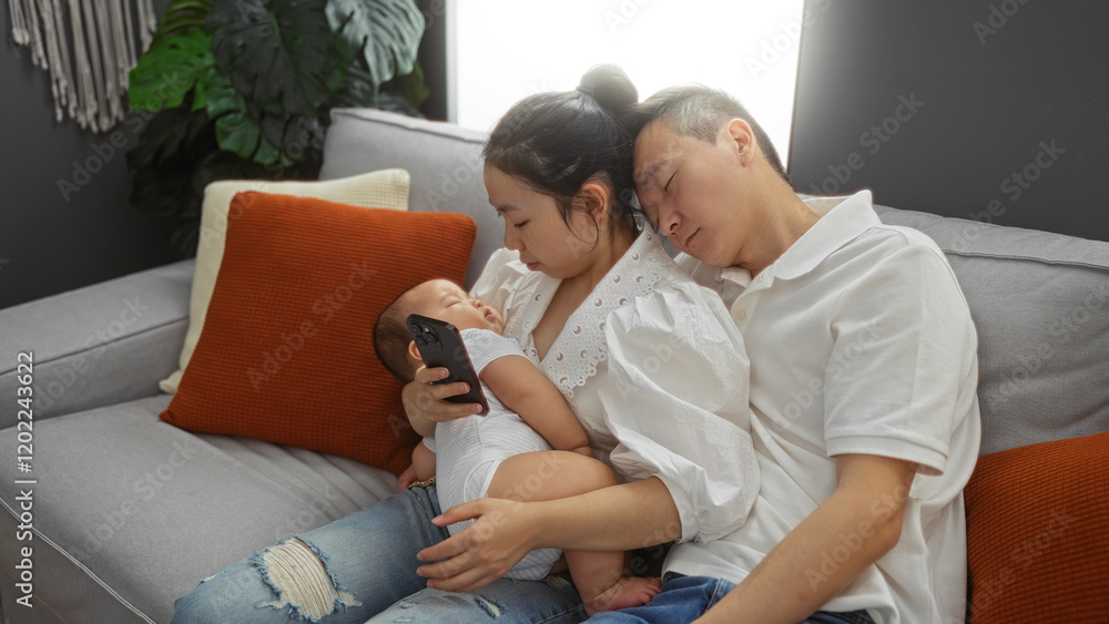 Couple resting on couch in apartment with baby, woman holding phone, man sleeping, orange pillows add warmth to home setting, suggesting family love and togetherness. Couple resting on couch in apartment with baby, woman holding phone, man sleeping, orange pillows add warmth to home setting, suggesting family love and togetherness.