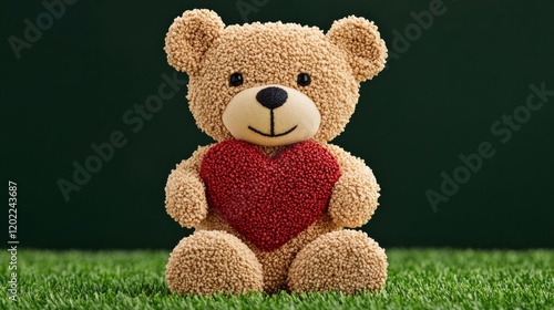 Adorable teddy bear with heart on green background