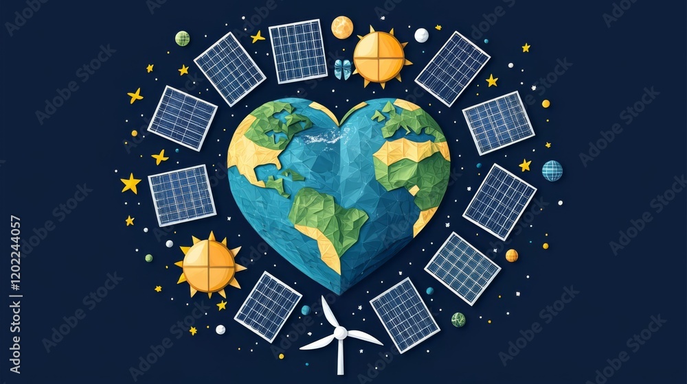 Fototapeta premium Heart-shaped earth with renewable energy icons.