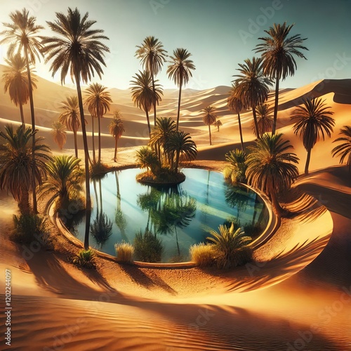 A lush oasis with a shimmering pool of water surrounded by palm trees in the heart of a vast, golden desert under a clear blue sky photo