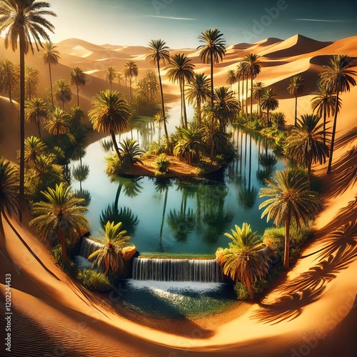 A lush oasis with a shimmering pool of water surrounded by palm trees in the heart of a vast, golden desert under a clear blue sky photo