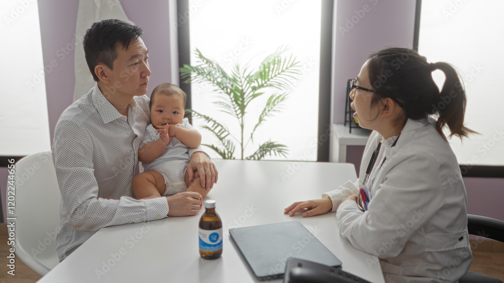 Father holding baby boy in clinic discussing with female pediatrician during consultation in a hospital room environment, showcasing family care and medical attention. Father holding baby boy in clinic discussing with female pediatrician during consultation in a hospital room environment, showcasing family care and medical attention.