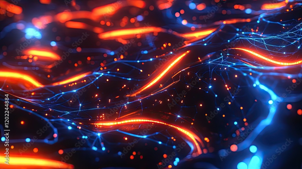 Obraz premium A digital network visualization with interconnected hexagonal nodes and icons,