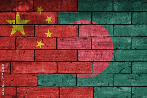 Photography colourful painted big flag of china and flag of bangladesh on a massive old brick wall background