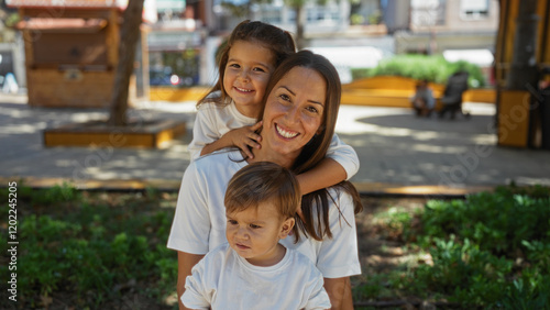 Woman smiling with her son and daughter outdoors in an urban park, capturing a loving family moment together in a vibrant city setting under bright natural light.
