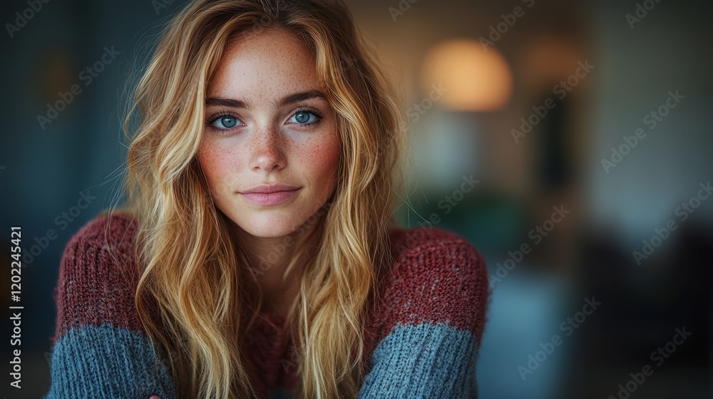 Obraz premium A young woman with striking blue eyes and tousled hair gazes thoughtfully, enveloped in a warm atmosphere of soft lighting and muted colors