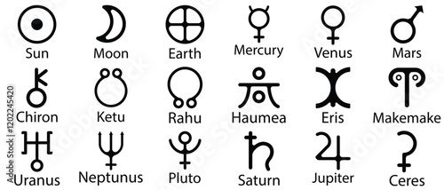 Set astrology and astronomy planet symbols. Outline icons, set of symbols for horoscope.Mystic planetary signs and symbols of ancient astrology and astronomy.   Simple alchemy icons, glyphs of planets
