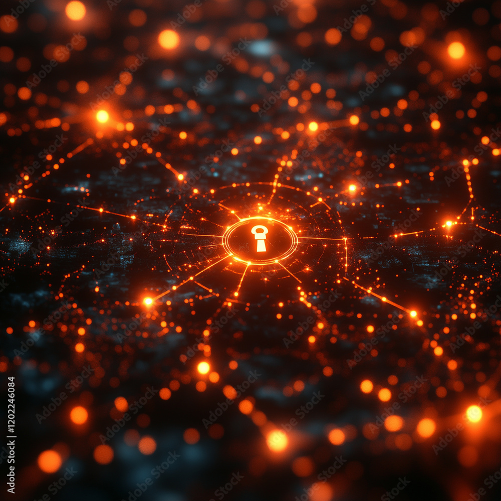 Abstract glowing neural network pattern, with a central lock symbol. Bright lighting, contrast Abstract glowing neural network pattern, with a central lock symbol. Bright lighting, contrast